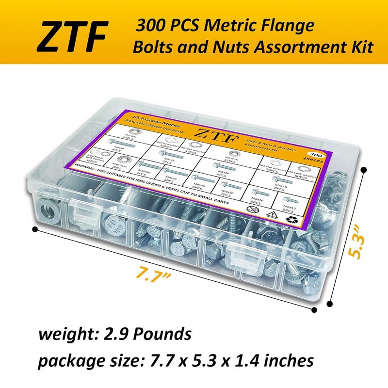ZTF 300pcs Metric Flange Bolts and Nuts Assortment Kit, Heavy Duty Metric Machine Screws Nuts Washers, 10 Most Common Sizes Zinc Alloy Steel Grade 10.9 (Flange M6 M8 M10 Kit) - Image 3